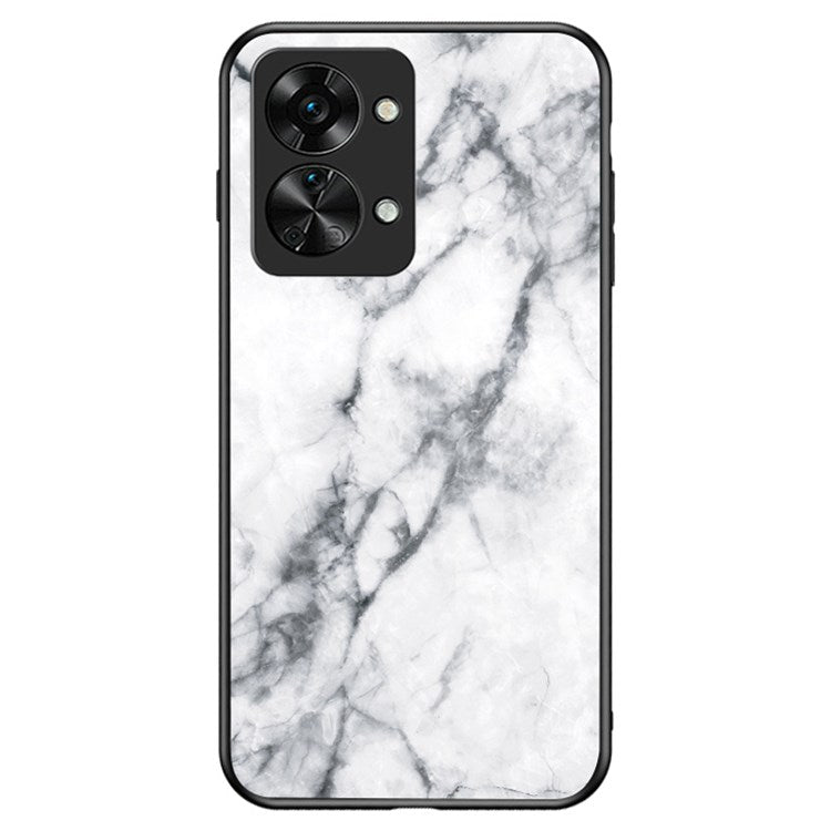 For OnePlus Nord 2T 5G Tempered Glass + PC Back TPU Frame Hybrid Cover Marble Pattern Shockproof Anti-scratch Phone Shell - White Marble