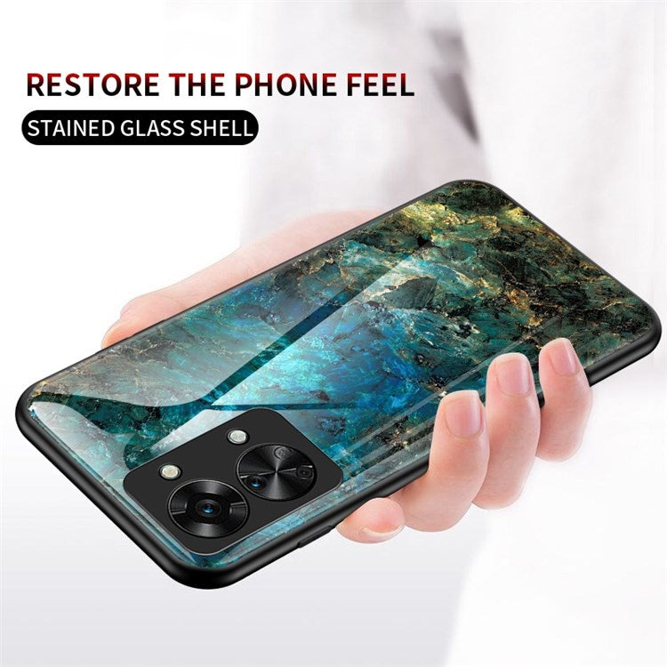For OnePlus Nord 2T 5G Tempered Glass + PC Back TPU Frame Hybrid Cover Marble Pattern Shockproof Anti-scratch Phone Shell - White Marble