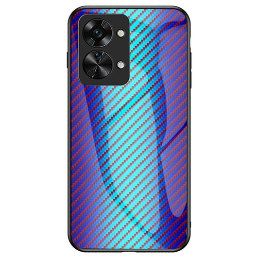 For OnePlus Nord 2T 5G Carbon Fiber Texture Shock Absorption Protection Tempered Glass Case Hard PC Soft TPU Anti-drop Cover - Blue Fiber