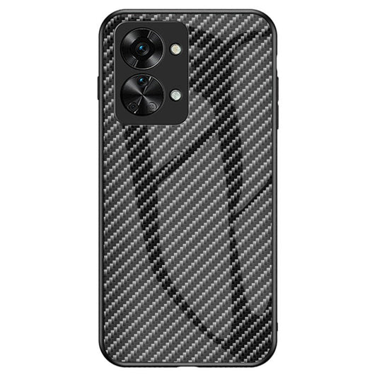 For OnePlus Nord 2T 5G Carbon Fiber Texture Shock Absorption Protection Tempered Glass Case Hard PC Soft TPU Anti-drop Cover - Black Fiber