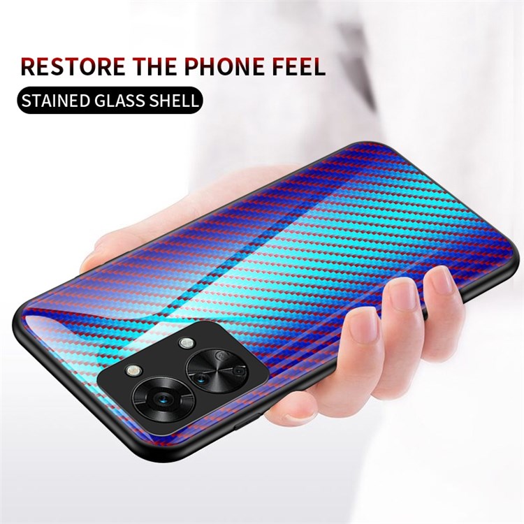 For OnePlus Nord 2T 5G Carbon Fiber Texture Shock Absorption Protection Tempered Glass Case Hard PC Soft TPU Anti-drop Cover - Black Fiber