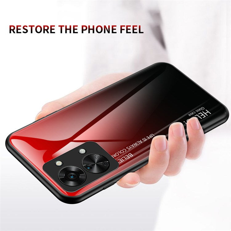 For OnePlus Nord 2T 5G Shockproof Gradient Color Tempered Glass Case Hard PC Soft TPU Frame Cover Protector - Gradient Red Black