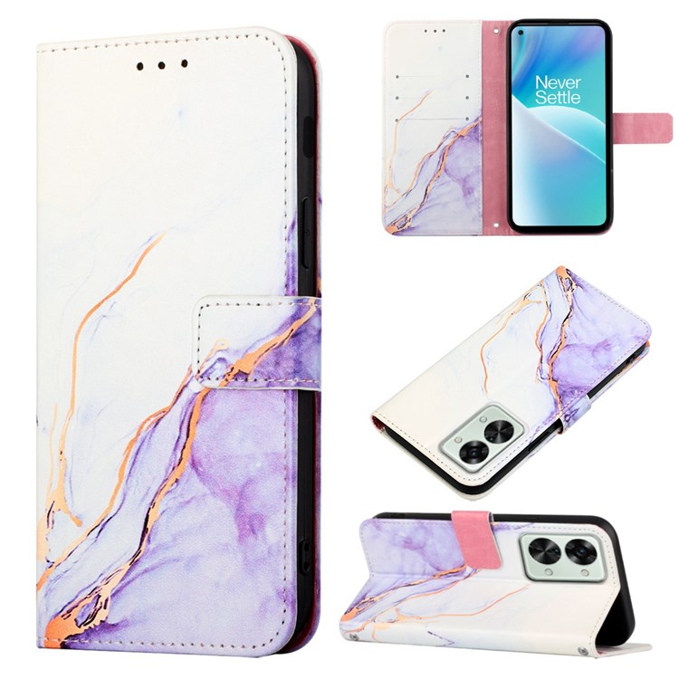 YB Pattern Printing Leather Series-5 for OnePlus Nord 2T 5G Marble Pattern Printing Handbag PU Leather Stand Function Wallet Flip Cover with Strap - White/Purple 006
