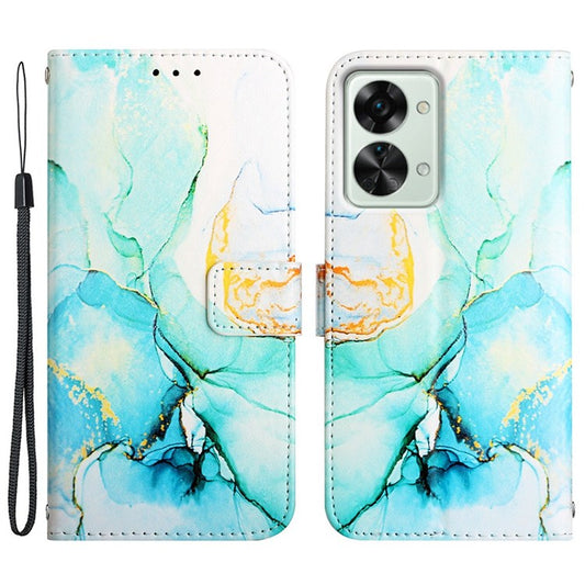 YB Pattern Printing Leather Series-5 for OnePlus Nord 2T 5G Marble Pattern Printing Handbag PU Leather Stand Function Wallet Flip Cover with Strap - Green 003