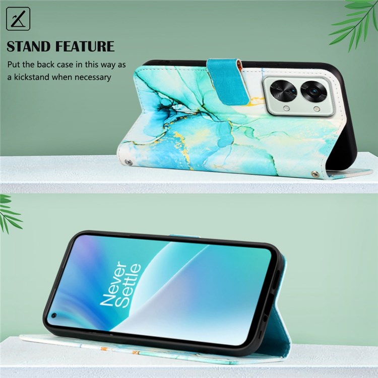 YB Pattern Printing Leather Series-5 for OnePlus Nord 2T 5G Marble Pattern Printing Handbag PU Leather Stand Function Wallet Flip Cover with Strap - Green 003
