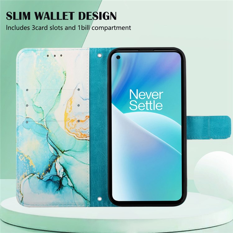 YB Pattern Printing Leather Series-5 for OnePlus Nord 2T 5G Marble Pattern Printing Handbag PU Leather Stand Function Wallet Flip Cover with Strap - Green 003