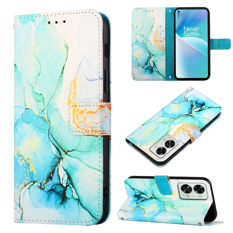 YB Pattern Printing Leather Series-5 for OnePlus Nord 2T 5G Marble Pattern Printing Handbag PU Leather Stand Function Wallet Flip Cover with Strap - Green 003