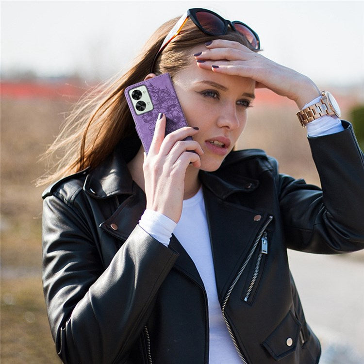 YB Imprinting Flower Series-4 for OnePlus Nord 2T 5G Butterfly Flower Imprinted Leather Case Full Protection Phone Cover with Stand Wallet - Light Purple