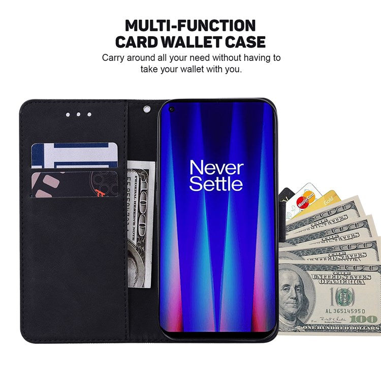 Geometry Pattern Imprinted Phone Case for OnePlus Nord 2T 5G, PU Leather TPU Stand Wallet All-round Protection Cover with Strap - Black