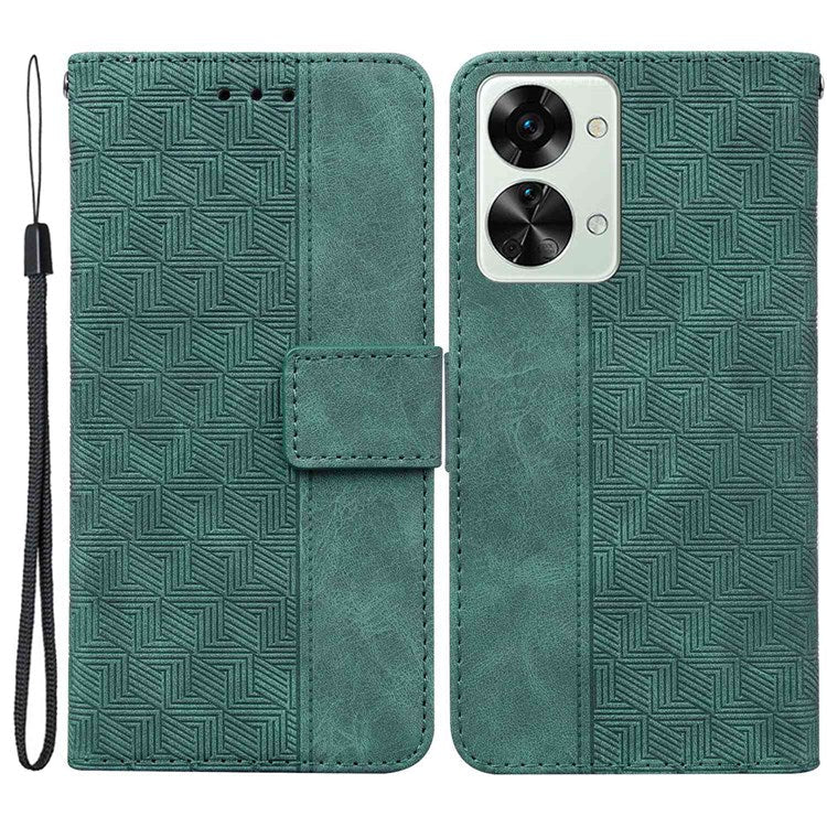 Geometry Pattern Imprinted Phone Case for OnePlus Nord 2T 5G, PU Leather TPU Stand Wallet All-round Protection Cover with Strap - Green