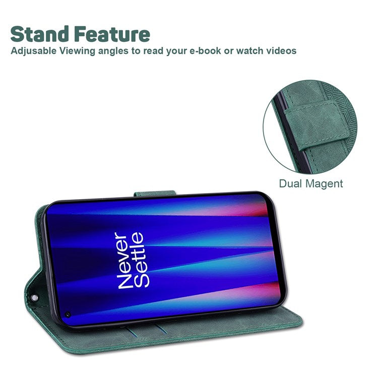 Geometry Pattern Imprinted Phone Case for OnePlus Nord 2T 5G, PU Leather TPU Stand Wallet All-round Protection Cover with Strap - Green