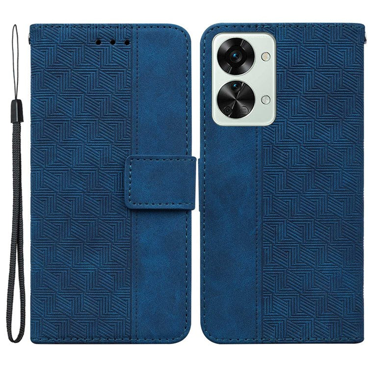 Geometry Pattern Imprinted Phone Case for OnePlus Nord 2T 5G, PU Leather TPU Stand Wallet All-round Protection Cover with Strap - Blue