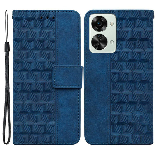 Geometry Pattern Imprinted Phone Case for OnePlus Nord 2T 5G, PU Leather TPU Stand Wallet All-round Protection Cover with Strap - Blue