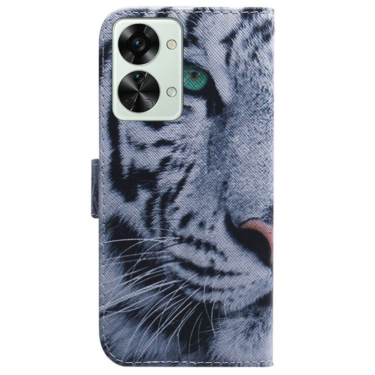 For OnePlus Nord 2T 5G Shockproof PU Leather Phone Case Anti-drop Pattern Printing Wallet Stand Magnetic Cover with Strap - Tiger Head