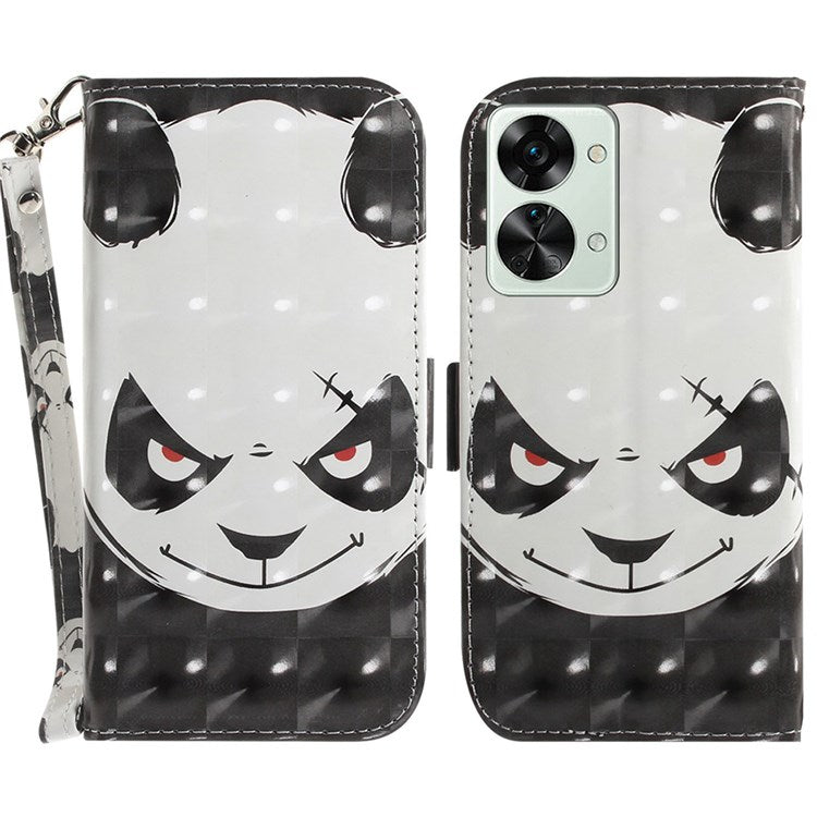 For OnePlus Nord 2T 5G Drop-proof Wallet Case 3D Pattern Printing PU Leather Wrist Strap Stand Feature Flip Cover - Angry Panda