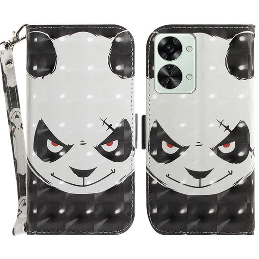 For OnePlus Nord 2T 5G Drop-proof Wallet Case 3D Pattern Printing PU Leather Wrist Strap Stand Feature Flip Cover - Angry Panda