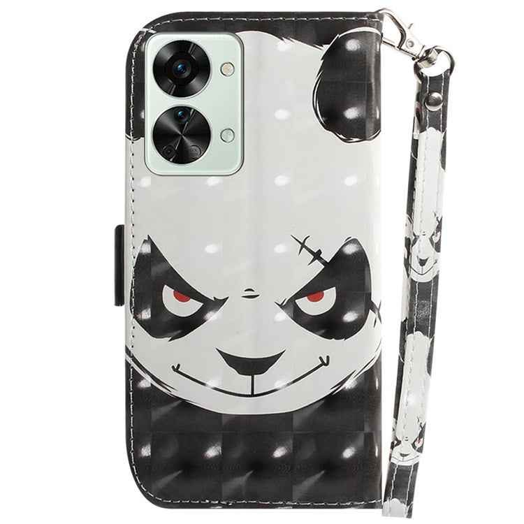 For OnePlus Nord 2T 5G Drop-proof Wallet Case 3D Pattern Printing PU Leather Wrist Strap Stand Feature Flip Cover - Angry Panda