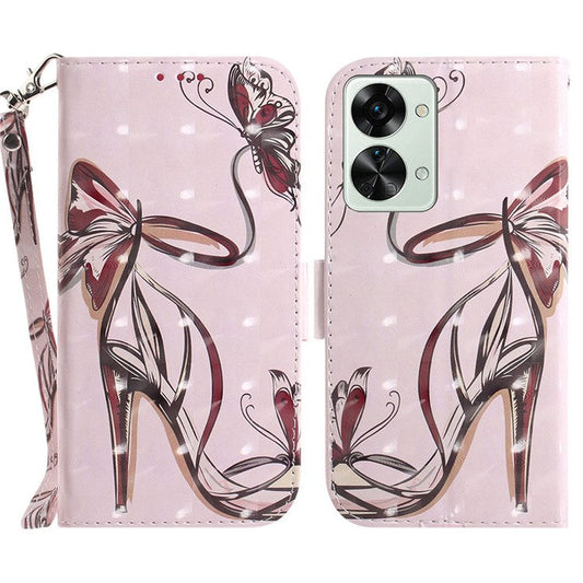 For OnePlus Nord 2T 5G Drop-proof Wallet Case 3D Pattern Printing PU Leather Wrist Strap Stand Feature Flip Cover - Butterfly High Heels