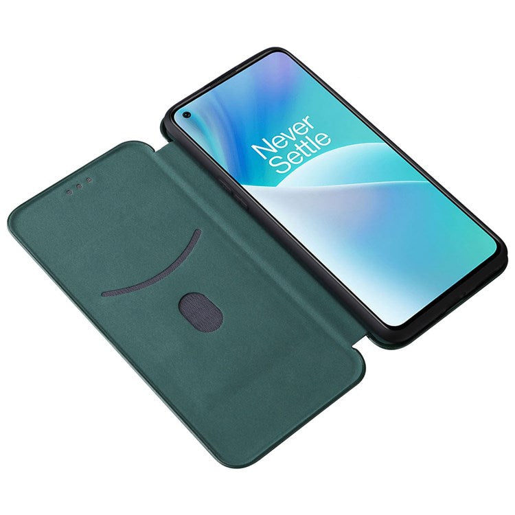 For OnePlus Nord 2T 5G Magnetic Auto-absorbed Anti-wear Carbon Fiber Texture Case PU Leather Stand Card Holder Function Shell - Green