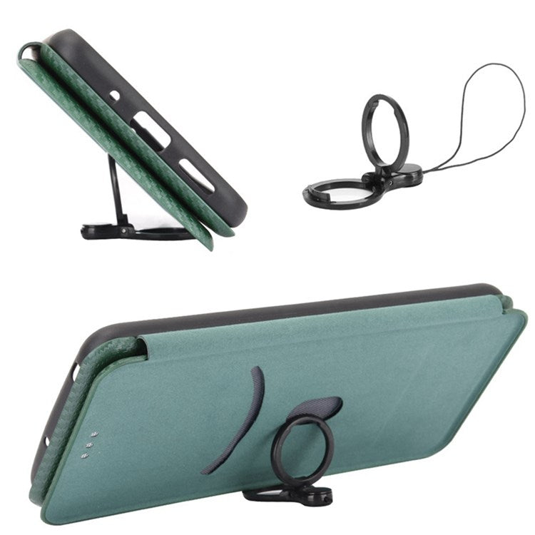 For OnePlus Nord 2T 5G Magnetic Auto-absorbed Anti-wear Carbon Fiber Texture Case PU Leather Stand Card Holder Function Shell - Green