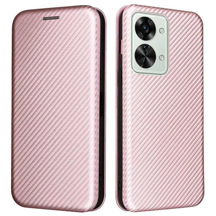 For OnePlus Nord 2T 5G Magnetic Auto-absorbed Anti-wear Carbon Fiber Texture Case PU Leather Stand Card Holder Function Shell - Rose Gold