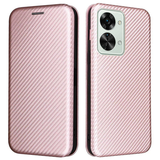 For OnePlus Nord 2T 5G Magnetic Auto-absorbed Anti-wear Carbon Fiber Texture Case PU Leather Stand Card Holder Function Shell - Rose Gold