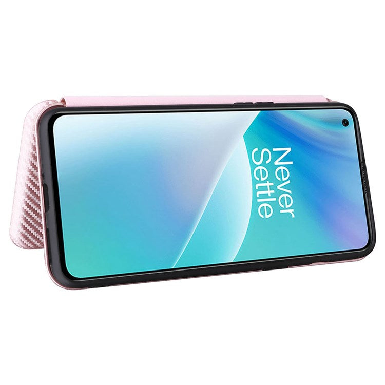 For OnePlus Nord 2T 5G Magnetic Auto-absorbed Anti-wear Carbon Fiber Texture Case PU Leather Stand Card Holder Function Shell - Rose Gold