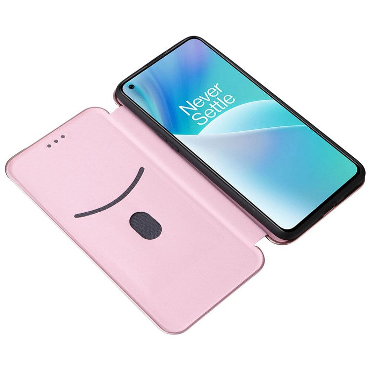 For OnePlus Nord 2T 5G Magnetic Auto-absorbed Anti-wear Carbon Fiber Texture Case PU Leather Stand Card Holder Function Shell - Rose Gold