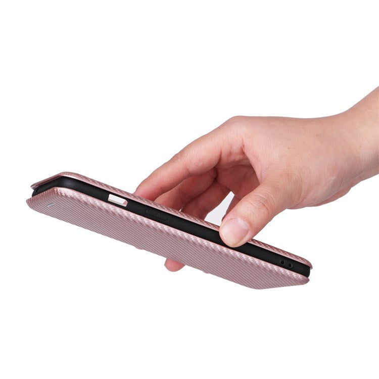 For OnePlus Nord 2T 5G Magnetic Auto-absorbed Anti-wear Carbon Fiber Texture Case PU Leather Stand Card Holder Function Shell - Rose Gold