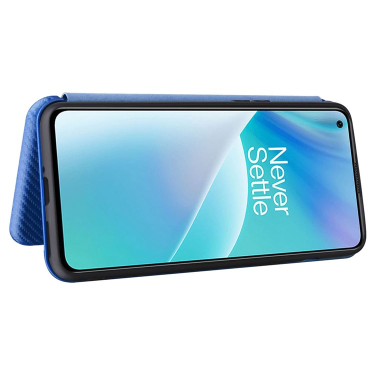 For OnePlus Nord 2T 5G Magnetic Auto-absorbed Anti-wear Carbon Fiber Texture Case PU Leather Stand Card Holder Function Shell - Blue