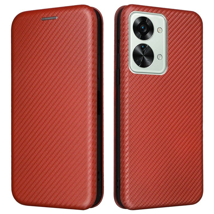 For OnePlus Nord 2T 5G Magnetic Auto-absorbed Anti-wear Carbon Fiber Texture Case PU Leather Stand Card Holder Function Shell - Orange