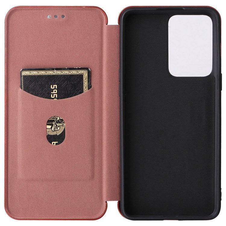 For OnePlus Nord 2T 5G Magnetic Auto-absorbed Anti-wear Carbon Fiber Texture Case PU Leather Stand Card Holder Function Shell - Orange