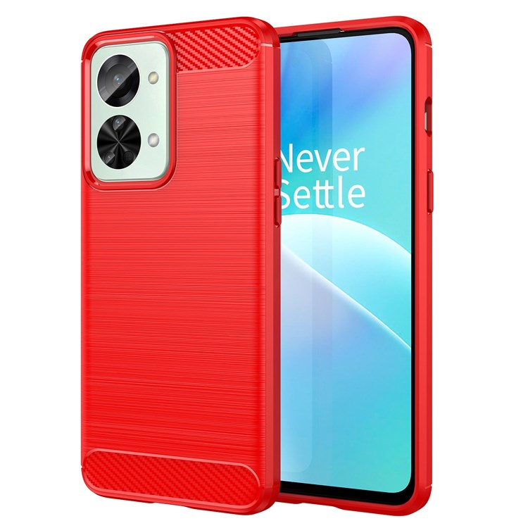 For OnePlus Nord 2T 5G Light Slim TPU Phone Case Carbon Fiber Texture Brushed Surface Shockproof Cover - Red