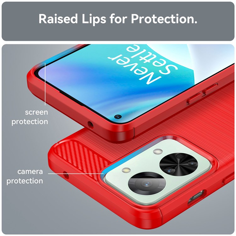 For OnePlus Nord 2T 5G Light Slim TPU Phone Case Carbon Fiber Texture Brushed Surface Shockproof Cover - Red