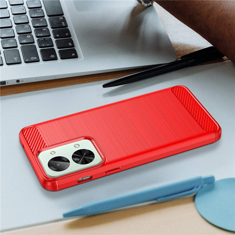 For OnePlus Nord 2T 5G Light Slim TPU Phone Case Carbon Fiber Texture Brushed Surface Shockproof Cover - Red