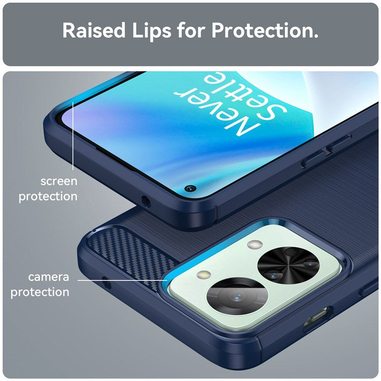 For OnePlus Nord 2T 5G Light Slim TPU Phone Case Carbon Fiber Texture Brushed Surface Shockproof Cover - Blue
