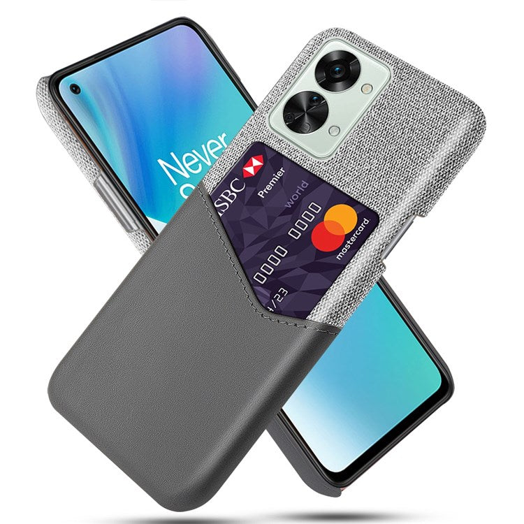 For OnePlus Nord 2T 5G Shockproof Protection Phone Case Cloth Texture PU Leather Coated PC Anti-scratch Cellphone Cover Card Holder - Grey