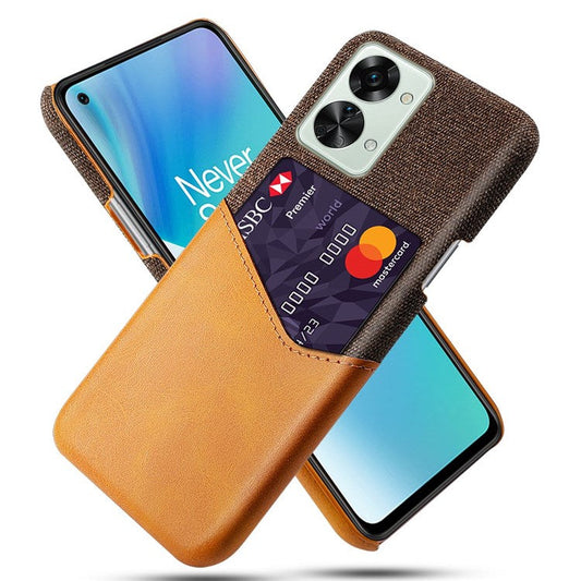 For OnePlus Nord 2T 5G Shockproof Protection Phone Case Cloth Texture PU Leather Coated PC Anti-scratch Cellphone Cover Card Holder - Orange