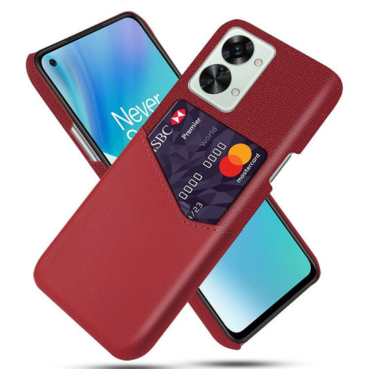 For OnePlus Nord 2T 5G Shockproof Protection Phone Case Cloth Texture PU Leather Coated PC Anti-scratch Cellphone Cover Card Holder - Red