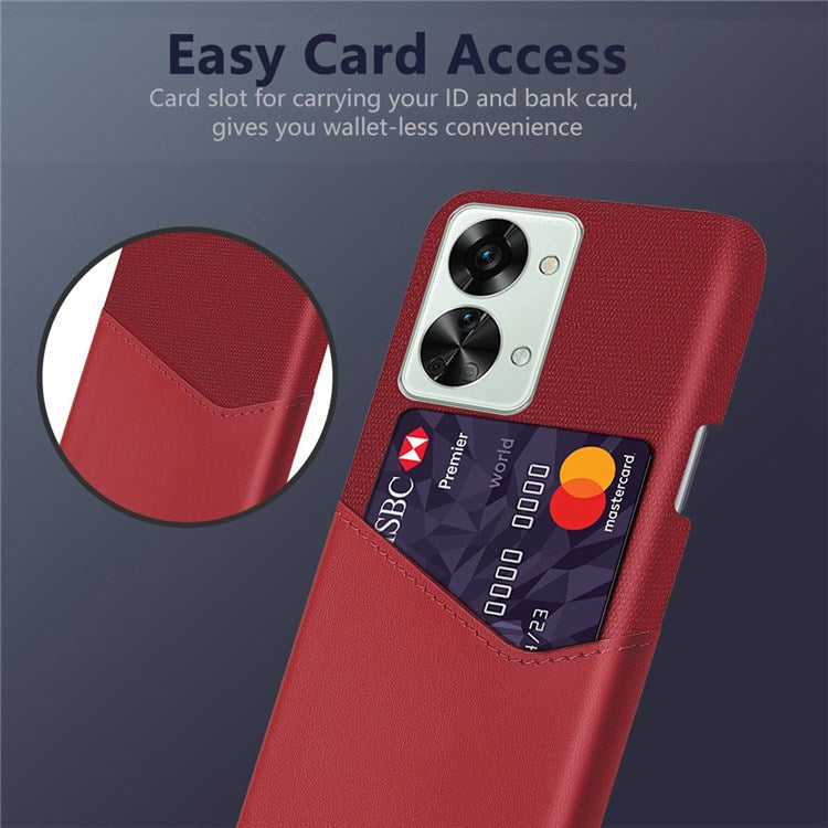 For OnePlus Nord 2T 5G Shockproof Protection Phone Case Cloth Texture PU Leather Coated PC Anti-scratch Cellphone Cover Card Holder - Red