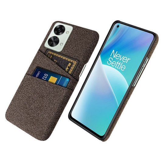 For OnePlus Nord 2T 5G Ultra Thin Back Phone Case Cloth Texture PC Cover with Dual Card Slots - Brown