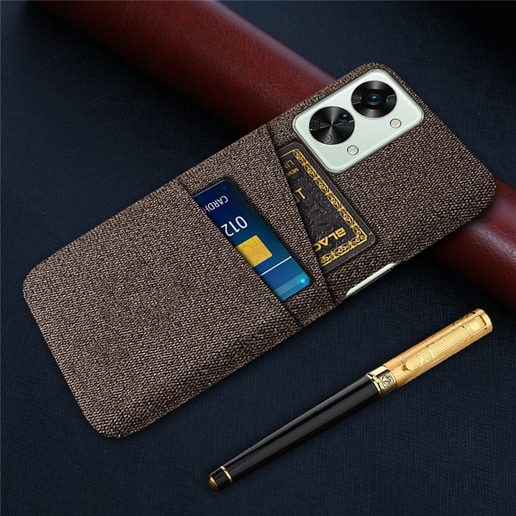 For OnePlus Nord 2T 5G Ultra Thin Back Phone Case Cloth Texture PC Cover with Dual Card Slots - Brown