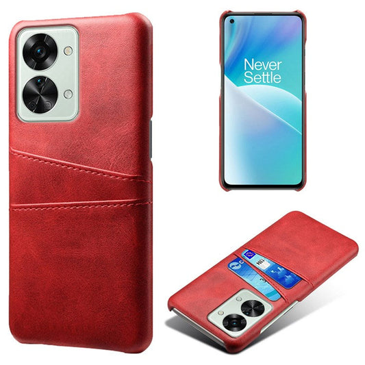 For OnePlus Nord 2T 5G Anti-drop Phone Case with Dual Card Slots PU Leather Coated Hard PC Shock-absorbing Back Cover Shell - Red