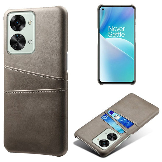 For OnePlus Nord 2T 5G Anti-drop Phone Case with Dual Card Slots PU Leather Coated Hard PC Shock-absorbing Back Cover Shell - Grey
