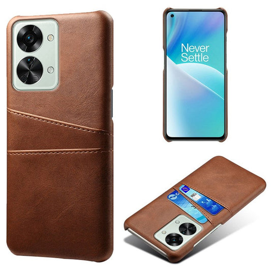 For OnePlus Nord 2T 5G Anti-drop Phone Case with Dual Card Slots PU Leather Coated Hard PC Shock-absorbing Back Cover Shell - Brown