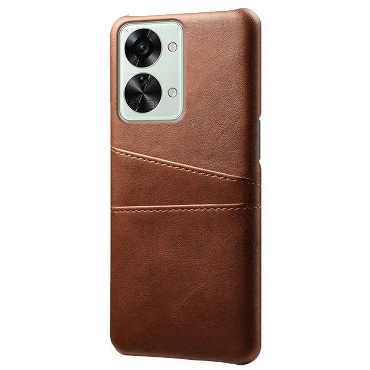 For OnePlus Nord 2T 5G Anti-drop Phone Case with Dual Card Slots PU Leather Coated Hard PC Shock-absorbing Back Cover Shell - Brown