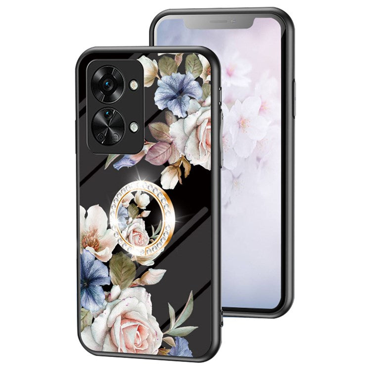 For OnePlus Nord 2T 5G Flower Pattern Printing Kickstand Phone Case TPU Frame PC Tempered Glass Back Cover - Black Flower Bush