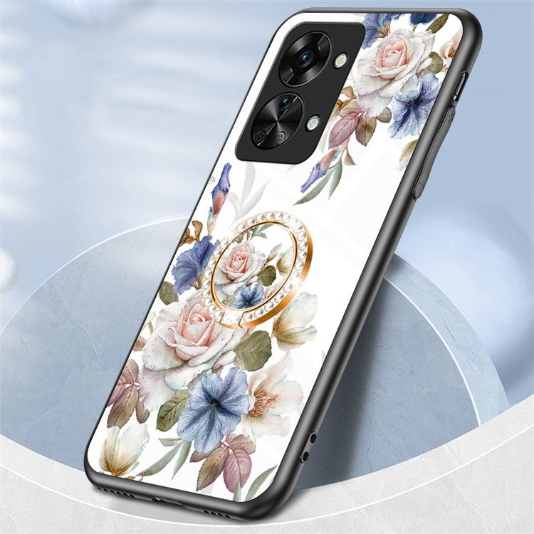 For OnePlus Nord 2T 5G Flower Pattern Printing Kickstand Phone Case TPU Frame PC Tempered Glass Back Cover - Black Flower Bush