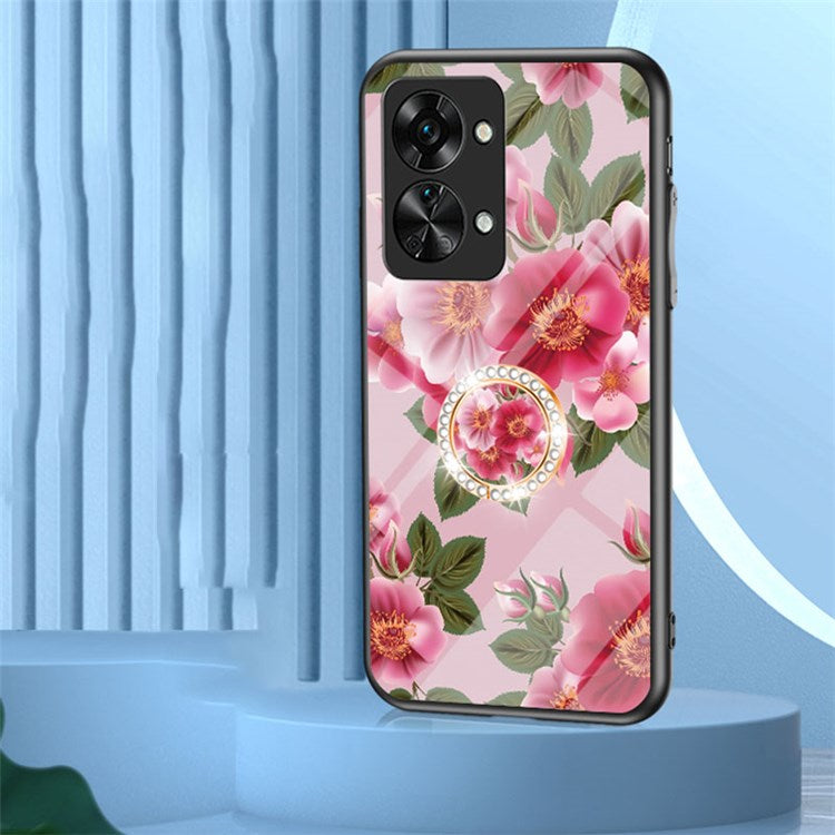 For OnePlus Nord 2T 5G Flower Pattern Printing Kickstand Phone Case TPU Frame PC Tempered Glass Back Cover - Purple Magnolia