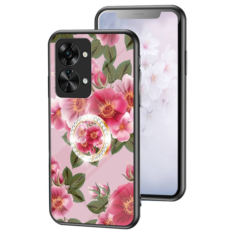 For OnePlus Nord 2T 5G Flower Pattern Printing Kickstand Phone Case TPU Frame PC Tempered Glass Back Cover - Glamorous Peony